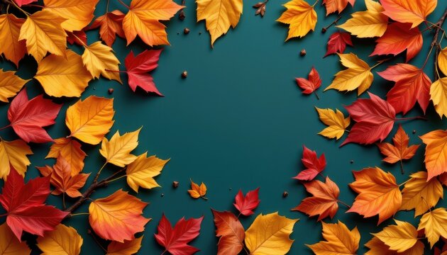 Vibrant autumn maple leaves in red orange and yellow hues frame a solid teal background space