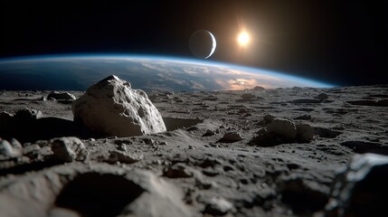 A stunning view of the Moon's rocky surface with Earth and other celestial bodies shining brilliantly in the background, evoking a sense of wonder about the cosmos and exploration.