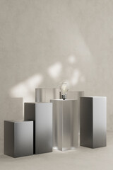 3D render of isolated bulb on tall pedestals in neutral interior