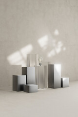 3D render of lonely light bulb among minimalist abstract columns