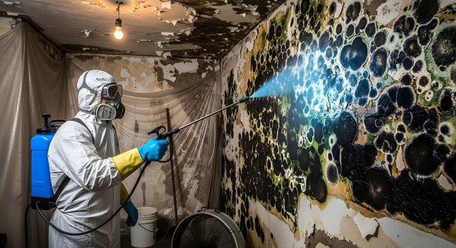 Technician in protective gear spraying contaminated wall for mold remediation, showing heavy mold growth and containment setup.