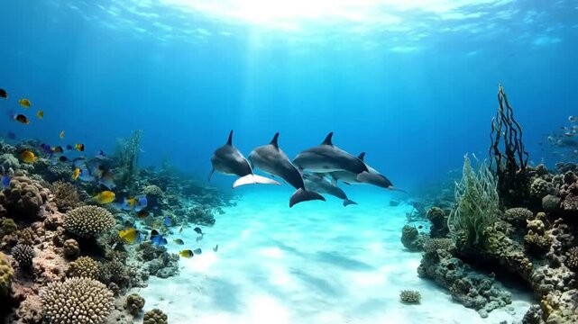 Illustrating the mesmerizing interplay of natural light filtering through the ocean surface, casting dynamic caustic patterns upon the clear water and marine life.