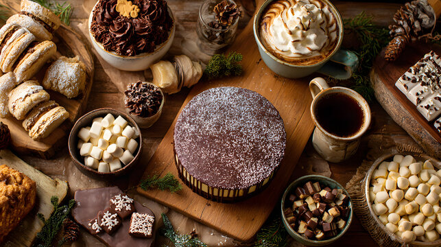 Cozy holiday treats layout with cakes, chocolates and cookies arranged around soft festive center