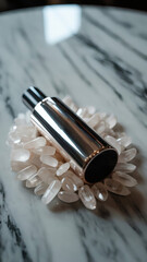 Perfume bottle elegantly arranged on white crystals with a ring, creating a luxurious indoor still life with refined, high-end styling and sophisticated composition.