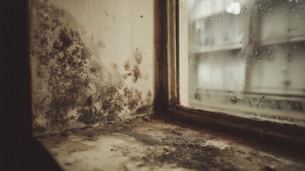 Moldy corner near a window showing moisture build-up condensation and drywall decay, indicating water intrusion and poor ventilation.