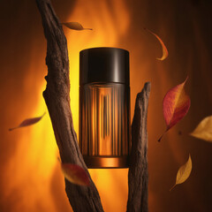Perfume bottle delicately placed on a leafy branch, highlighting natural elegance and interplay of light and shadow in a refined still life composition.
