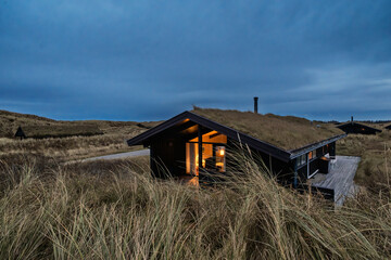 Wide Dune Field With Small Vacation Homes Under Clear Blue Sky and Distant Horizon, Kandestederne,...