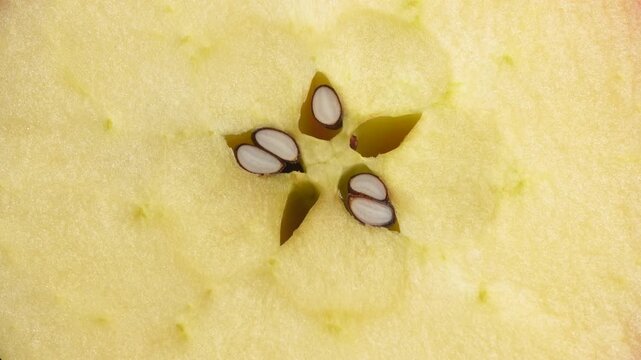 Extreme macro of apple cross-section rotating. Star-shaped core and seeds detail. Abstract healthy fruit texture background.