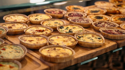 Close-up of numerous freshly baked mini-tarts and quiches on a wooden display board. Numerous tarts with savory fillings (cheese, olives) under warm lighting behind the glass.