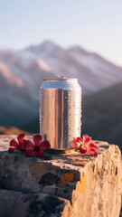 Cylindrical soda can placed on a rock in a desert-like mountainous landscape, highlighting outdoor beverage display with natural rugged surroundings.