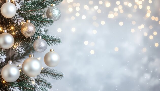 Celebrating christmas with silver ornaments on a snowy tree holiday decor cozy indoor environment festive atmosphere close-up view seasonal cheer and warmth