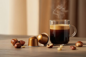 Cup of steaming coffee in a mug, paired with nuts, highlighting rich black color and inviting, cozy presentation in a warm, appetizing setup.