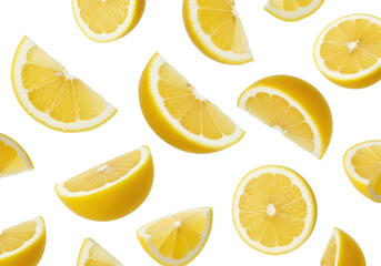 Vibrant yellow lemon wedges and slices, translucent juicy pulp and textured skin, suspended mid-air against a transparent background with copy space, bright studio lighting, concept of fresh citrus