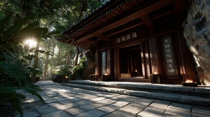 The image showcases a tranquil temple nestled in a dense jungle, with sunlight filtering through lush foliage, creating a peaceful ambiance that invites reflection and exploration.