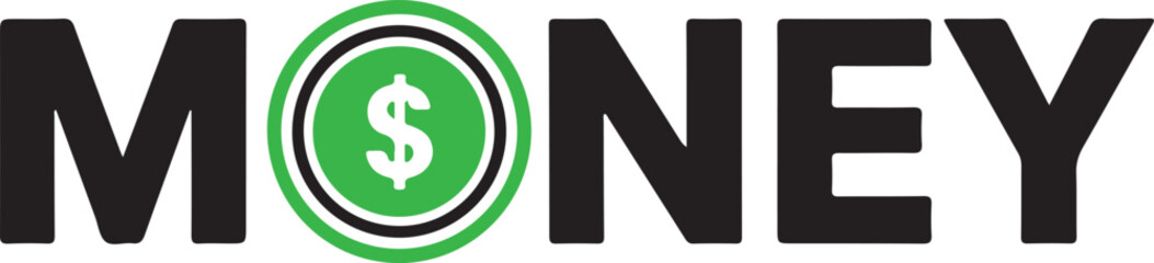 Money text logo with green dollar sign symbol on white background