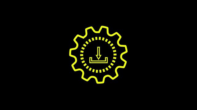 Bright yellow download icon with a gear symbol and dotted circle on a solid black background