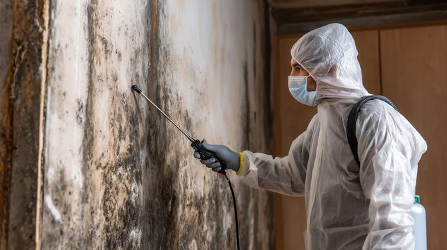 Technician in protective suit and respirator inspecting and testing wall mold after water damage, representing mold control and restoration process.