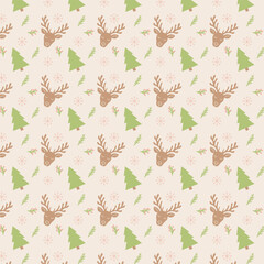 Christmas pattern with reindeer and fir trees, festive winter background, Scandinavian holiday design