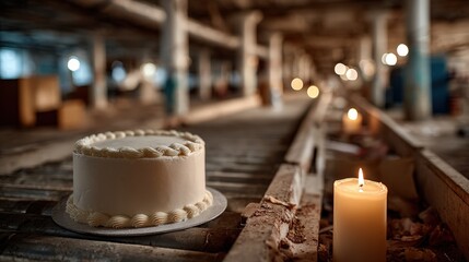 Nestled within a decaying factory, an elegant white cake rests atop a dusty table alongside a flickering candle, contrasting beauty and decay amid a captivating atmosphere.