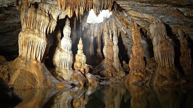 Focusing on the tranquil flow of an underground river or crystal clear pool reflecting the cavern ceiling, emphasizing the serene subterranean environment.