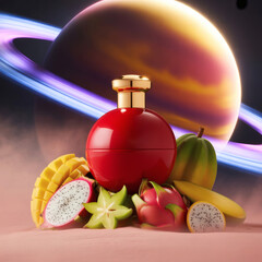 Red bottle with gold cap surrounded by assorted fruits, including apples, creating a colorful, vibrant indoor still life highlighting freshness and elegance.
