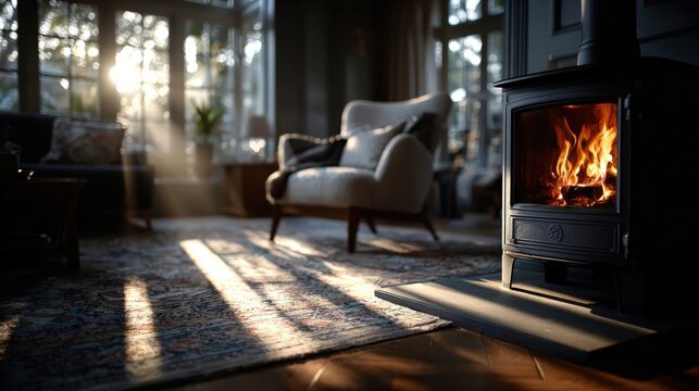 This serene ambiance of a fireside glow envelops an inviting living space, creating a warm and cozy atmosphere perfect for relaxation and comfort within the home environment.