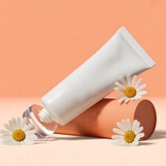 Tube of cream placed next to a flower-filled vase, highlighting contrast between sleek packaging and natural floral beauty in an elegant indoor still life setup.
