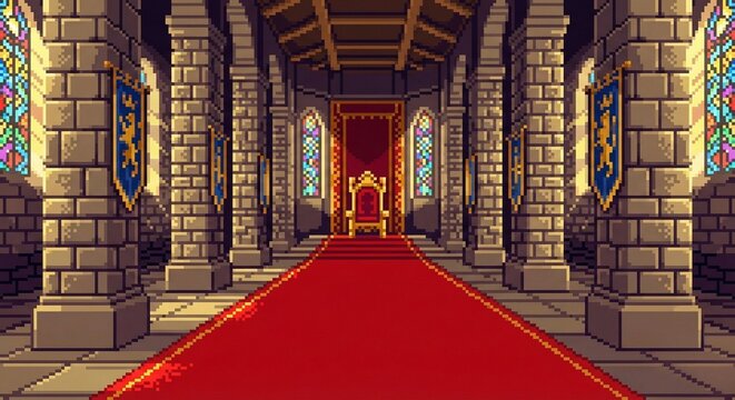 16ビットのドット絵RPG背景。ファンタジーの城内、王の玉座とレッドカーペット。レトロゲーム風イラスト素材。
