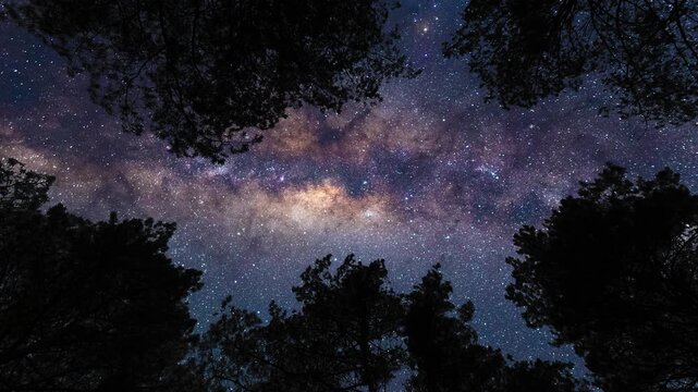 Ground view on starry sky with Milky Way from forest. Timelapse shot, Earth rotation concept. Camera is zooming in, moving top. Wide angle lens shot
