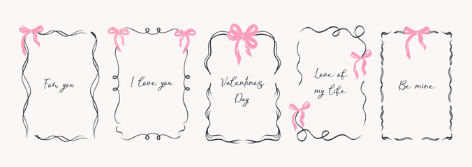 Vintage inspired hand drawn Valentine’s Day frames featuring playful lines, delicate bows,ribbons. Vector illustrations perfect decorative holiday borders for posters, greeting cards, invitations.