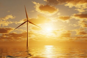 A towering offshore wind turbine against a vibrant sunset sky, reflecting golden hues on the calm sea, creating a serene and sustainable atmosphere