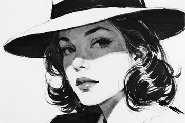 Black and white illustration of a woman wearing a wide-brimmed hat with wavy hair and expressive eyes