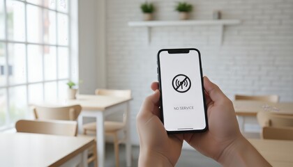 Person is holding a modern mobile phone displaying a no service message and a crossed out signal icon, illustrating communication issues or a dropped network connection