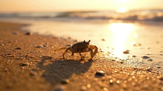 A wide shot capturing a vibrant blue crab meticulously foraging for food amongst the submerged seagrass and rocky substrate of a clear, tranquil coastal estuary.