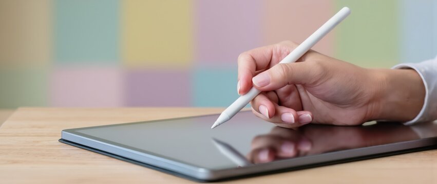 Female hand holding white stylus over black reflective tablet screen against colorful wall.