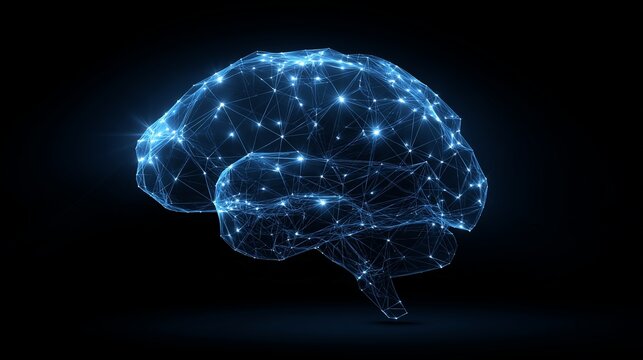 Abstract Polygonal Wireframe Human Brain on Black Background