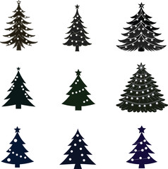 Minimal Christmas tree vector icons suitable for holiday cards, d&eacute;cor, product design, and winter branding. Easy-to-use, scalable, and clean line artwork.