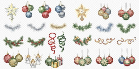 A comprehensive collection of watercolor Christmas decorations including baubles, stars, garlands, ribbons, and gift boxes, perfect for festive designs.