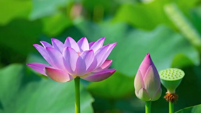 Expansive Pond Vista Serene Lotus Pond Ecosystem A wide, establishing shot of the entire lotus pond ecosystem, capturing the breadth of lush green lotus pads, vibrant blooms, and shimmering water?