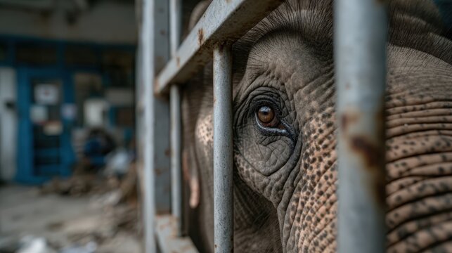 A close-up view of an elephant's expressive eye behind rusted bars evokes deep emotions regarding captivity and the need for wildlife protection in an increasingly urban environment.
