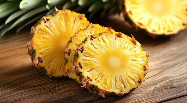 Two pineapple slices on a wooden surface