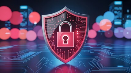 Secure your digital world with a glowing shield and padlock, symbolizing robust cybersecurity and data protection in a modern tech landscape