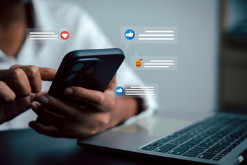 Man Using Smartphone with Social Media Notifications and Engagement Icons