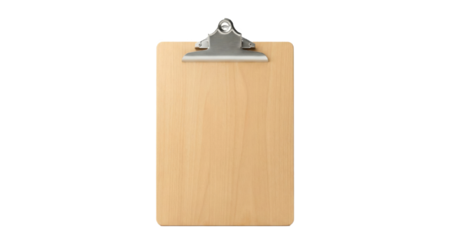Wooden Clipboard with Metal Clip on White Background, Featuring Smooth Light Wood Texture and Minimalist Design, Ideal for Office, School, or Home Organization and Document Management