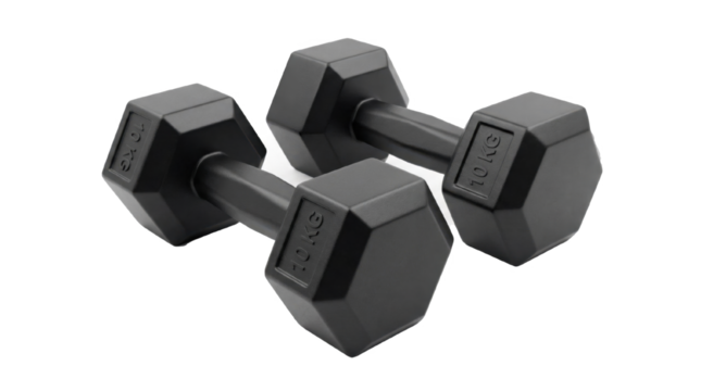 Pair of Black Hexagonal Dumbbells on White Background, Featuring 10 KG Weight Marking, Showcasing Durable Rubber Coating and Ergonomic Design for Home Gym and Fitness Enthusiasts