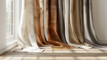 A collection of luxurious, textured drapery panels in warm earth tones, showcasing rich fabric samples near a sunlit window
