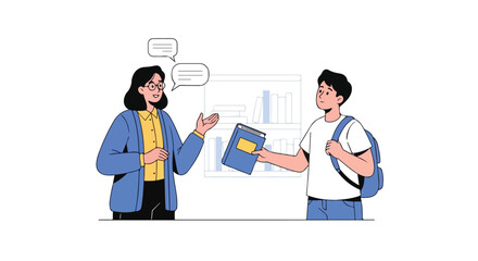 Illustration of a teacher giving a book to a student in a flat 2D style, conveying the concept of education and knowledge sharing