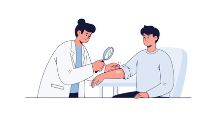 Dermatologist examining patient's arm with a magnifying glass, representing a medical examination of skin condition in a flat 2D illustration style