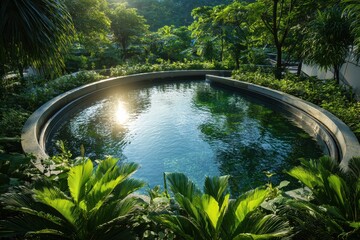 Obraz premium A serene round wastewater treatment pool surrounded by lush greenery, sunlight reflecting off the water surface, evoking a sense of tranquility and sustainability