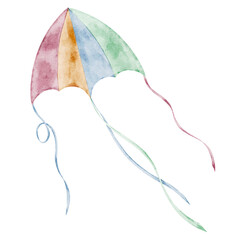 Kite watercolor illustration with long ribbons in the wind. Drawing of soft sky Toy for Baby shower greeting cards or childish invitations. Art for nursery posters or kids decor on isolated background